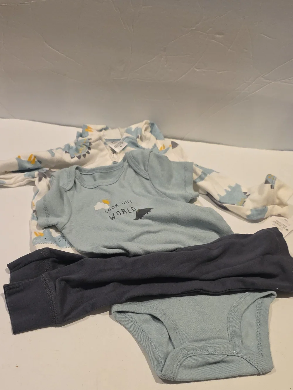 Carters 9 Months Baby Bodysuit Set with Dino Print - Light Blue & Navy